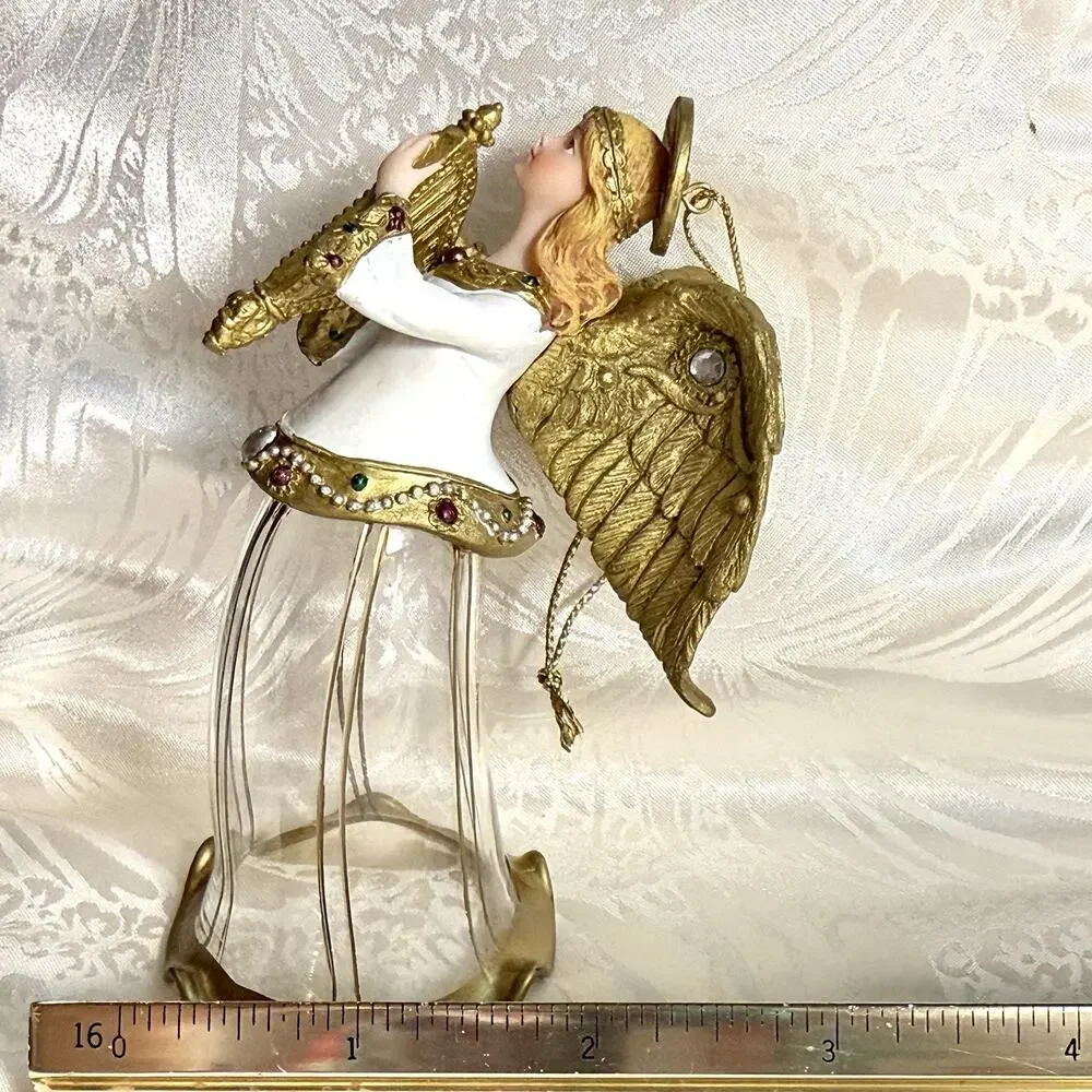 VTG Christmas Harp Angel Holiday Tree Ornament Clear Glass Flute Bell Skirt 4”